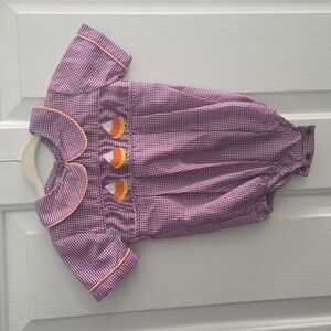 NWOT Purple Gingham Baby Romper with Candy Corn Smocking Sz 9 Month